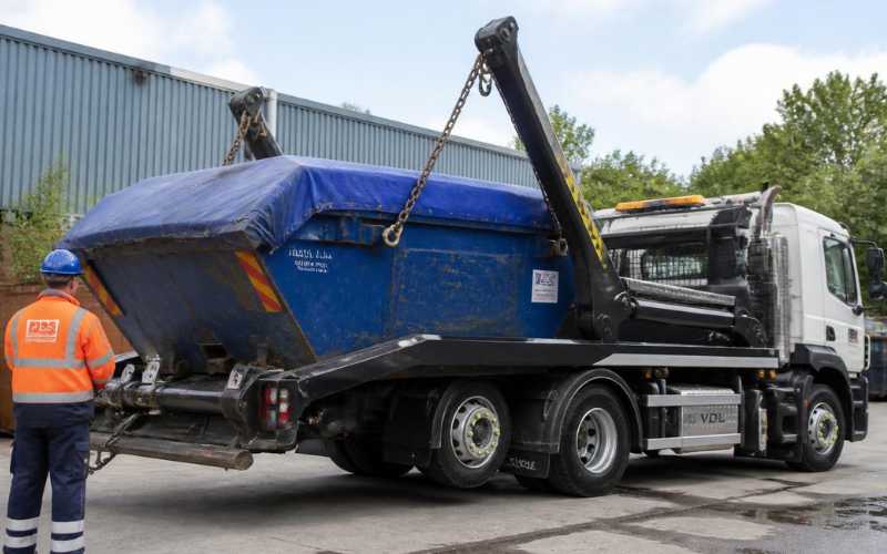 Tarped skip bin secured for safe transport on collection truck